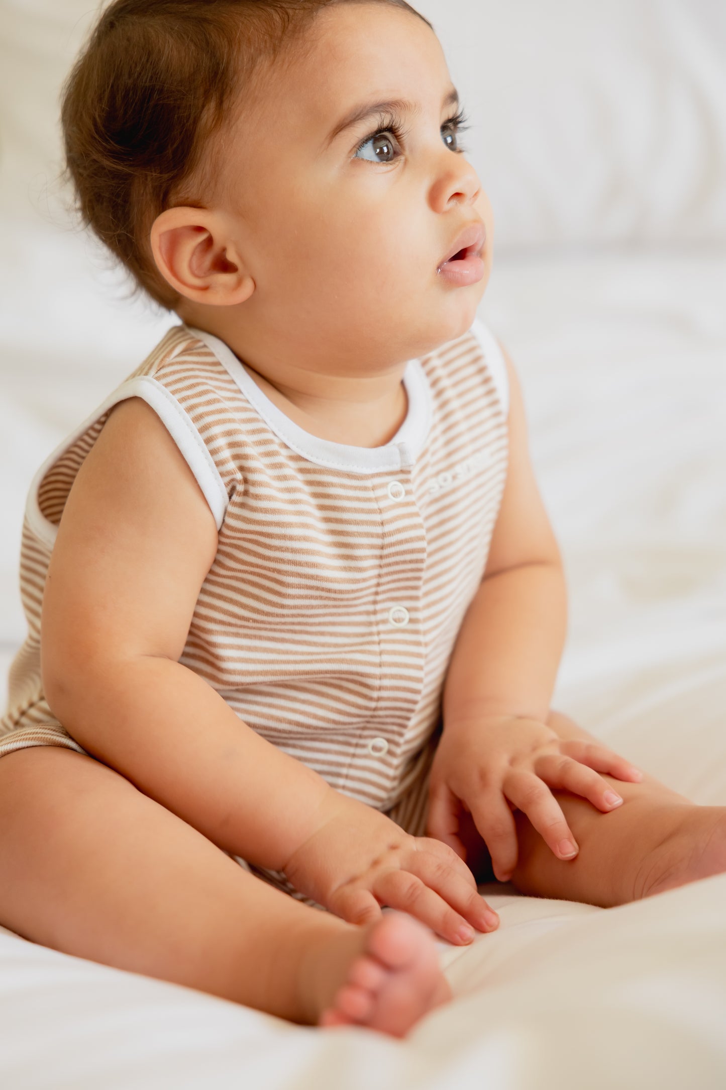 so small Organic Striped Sleeveless Romper- Cookies & Cream