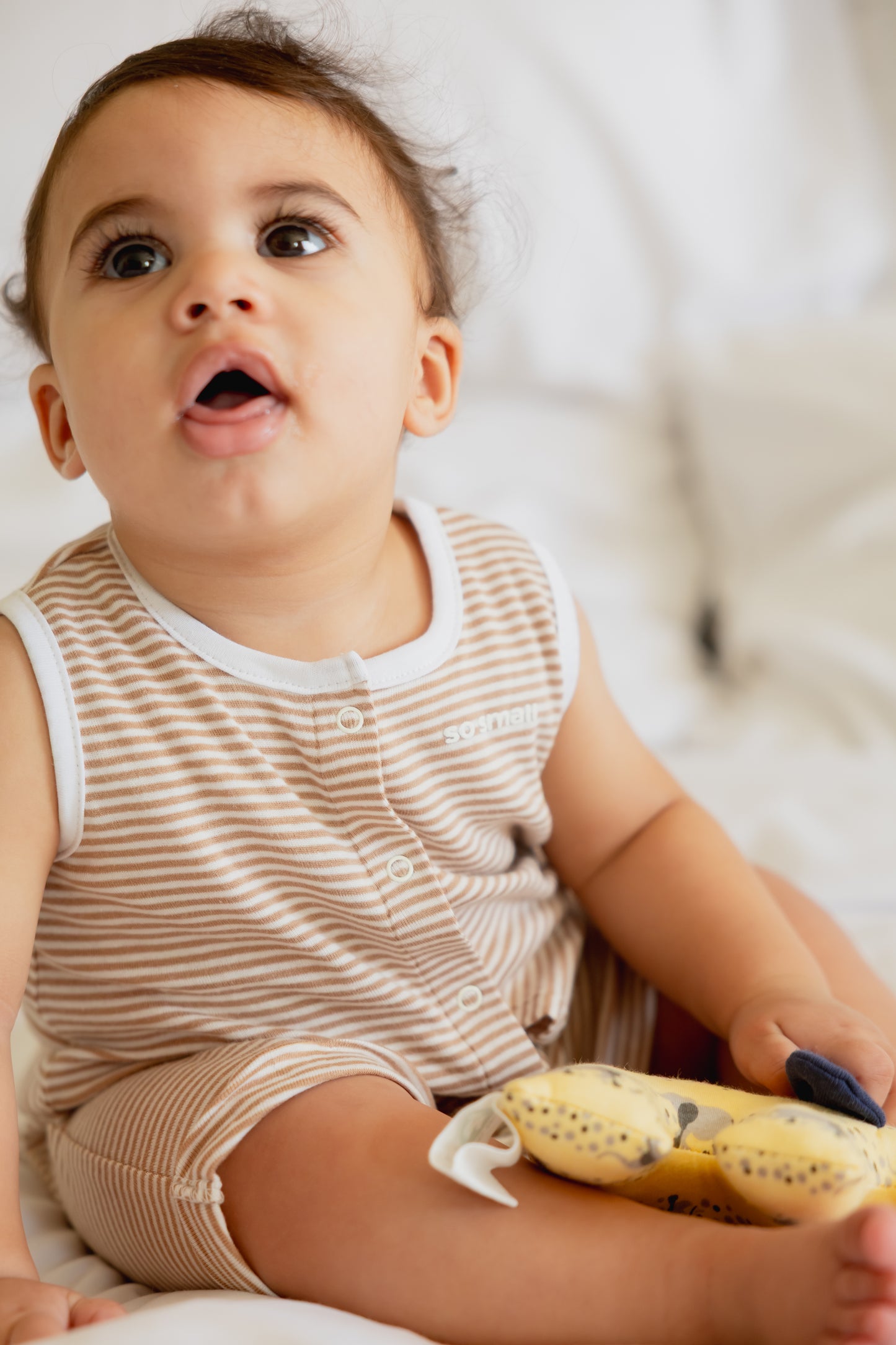 so small Organic Striped Sleeveless Romper- Cookies & Cream