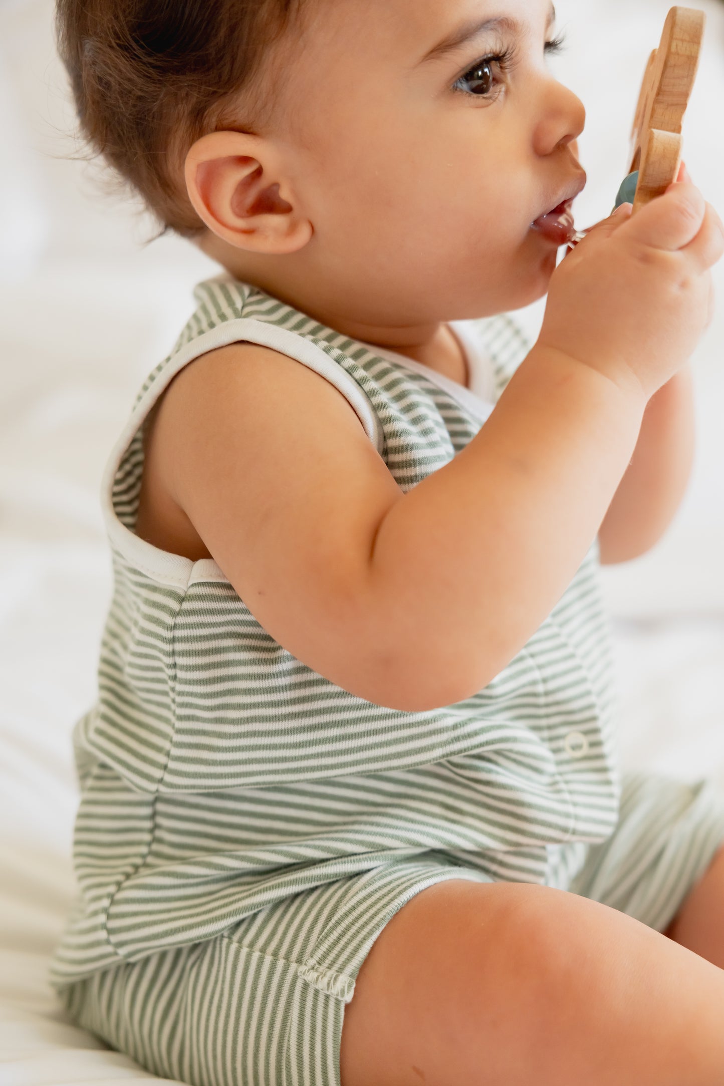 so small Organic Striped Romper- Pistachio Green