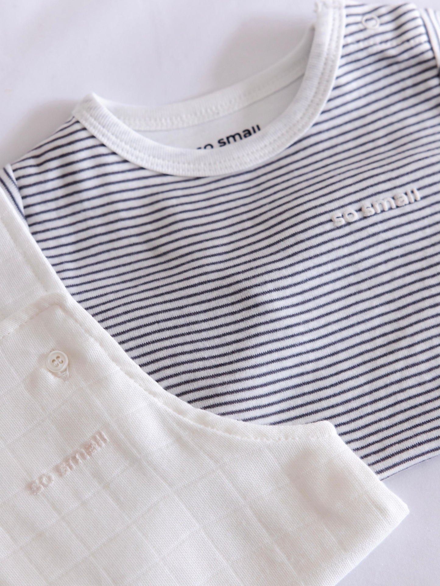 so small Organic Two-Piece Set (Barely Blue Striped Bodysuit+ White Muslin Jumpsuit)