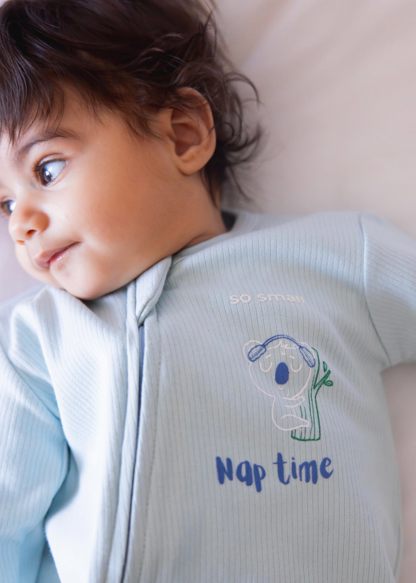 so small Organic Footless Zipper Onesie- Nap Time in Delicate Blue