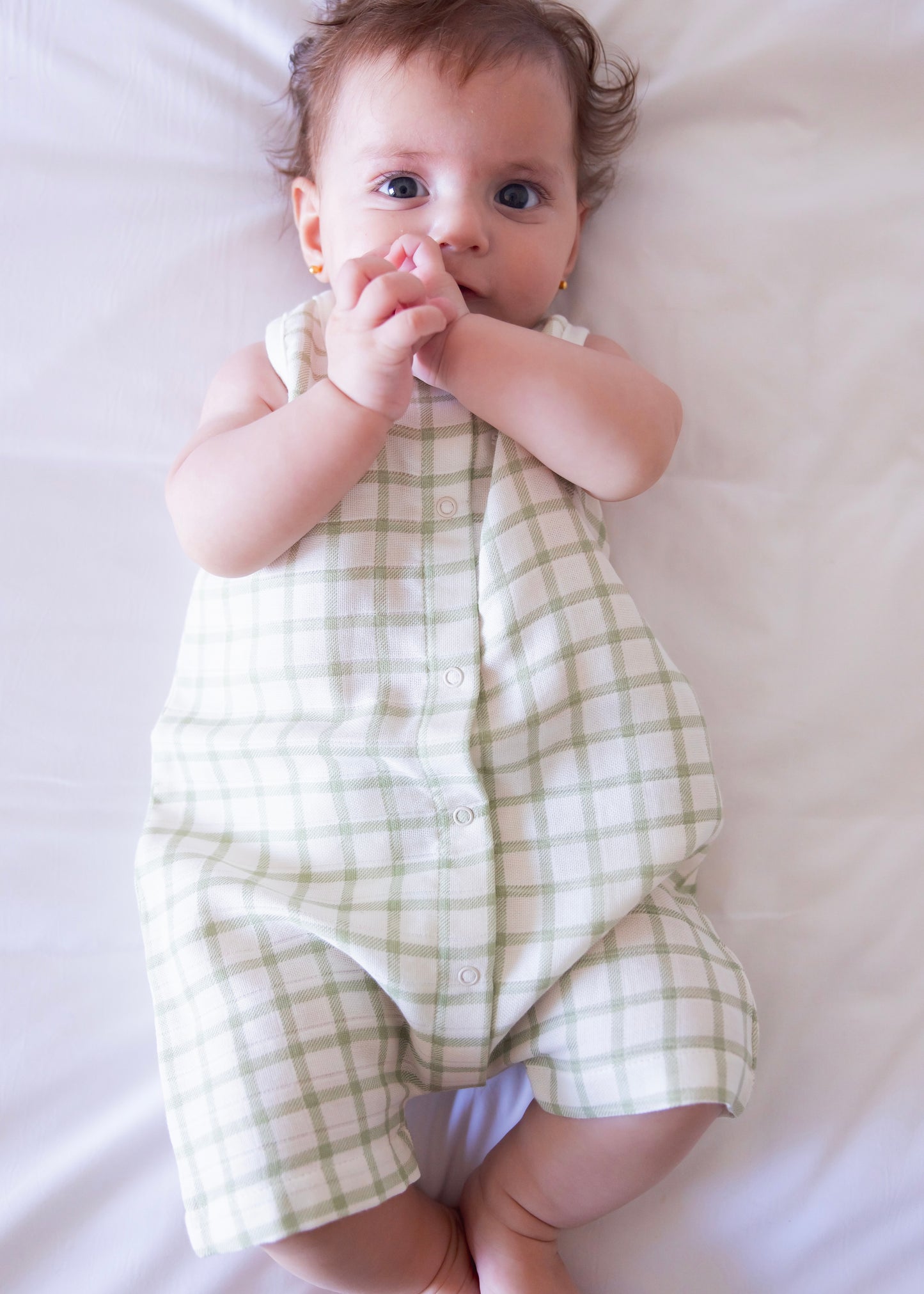 so small Organic Woven Muslin Sleeveless Romper- Dreamy Green Squares