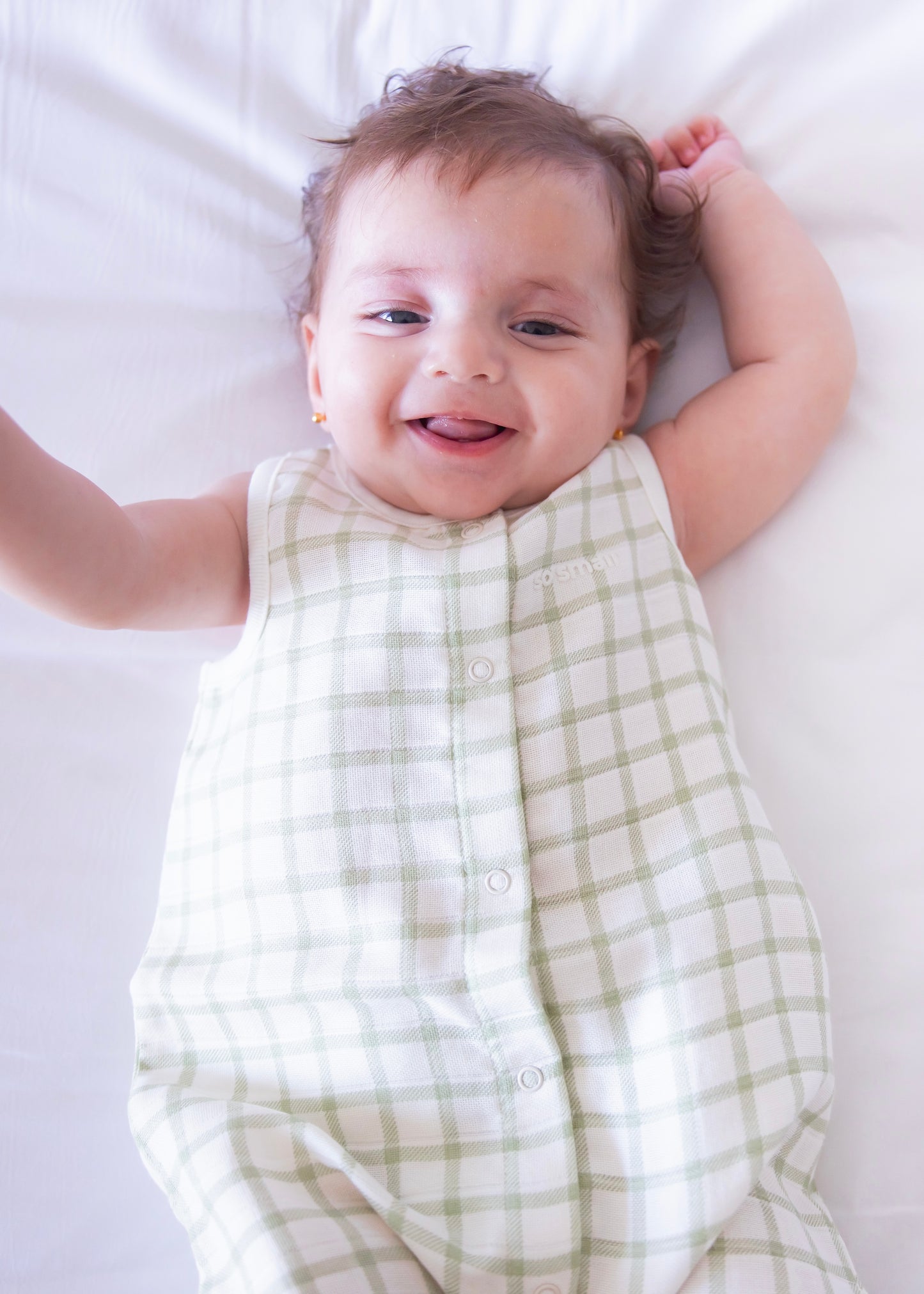 so small Organic Woven Muslin Sleeveless Romper- Dreamy Green Squares