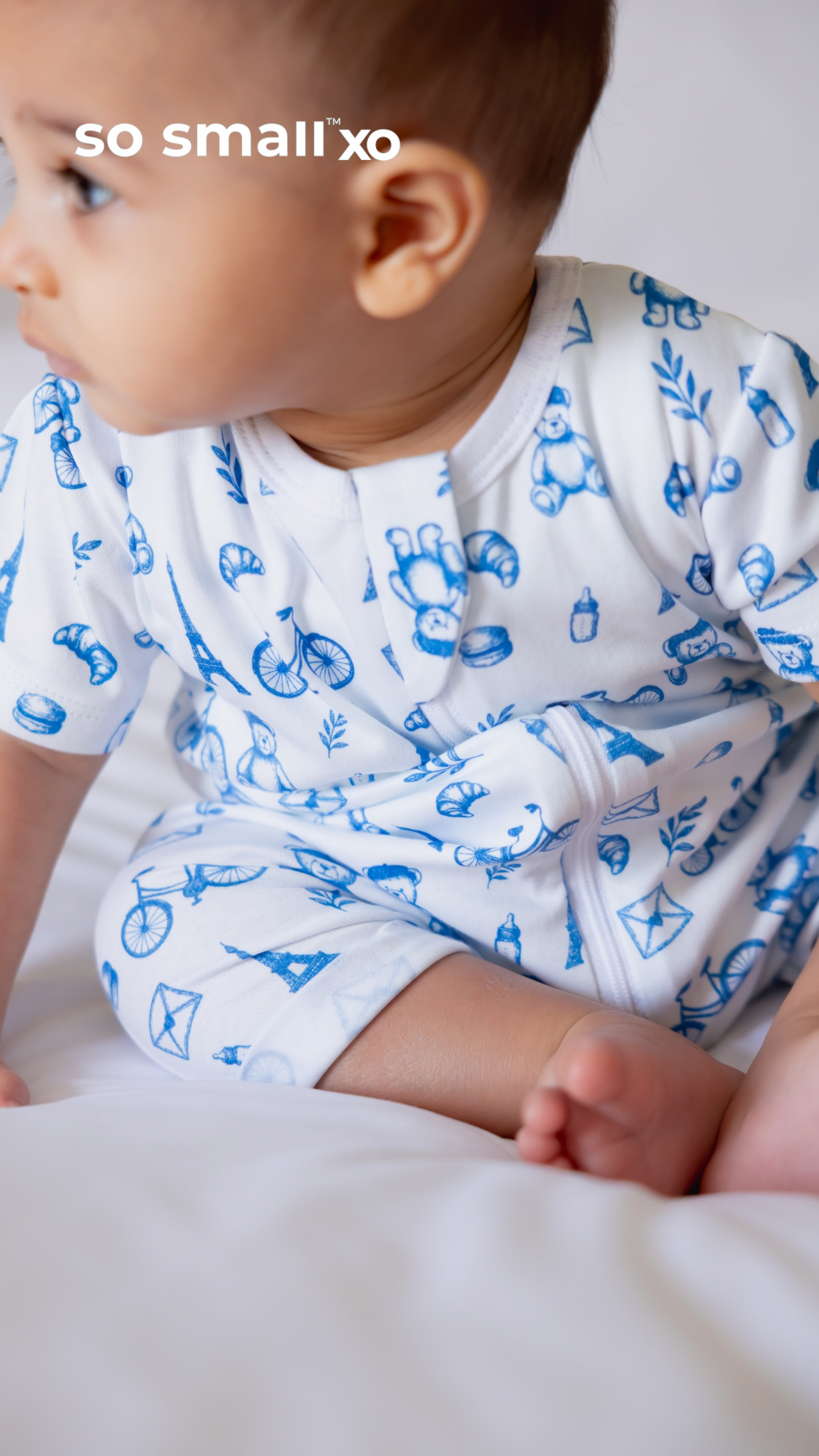 رومبر بنصف كم و سوستة من القطن المصري الفاخر- تصميم باريس الصغيرة أزرق