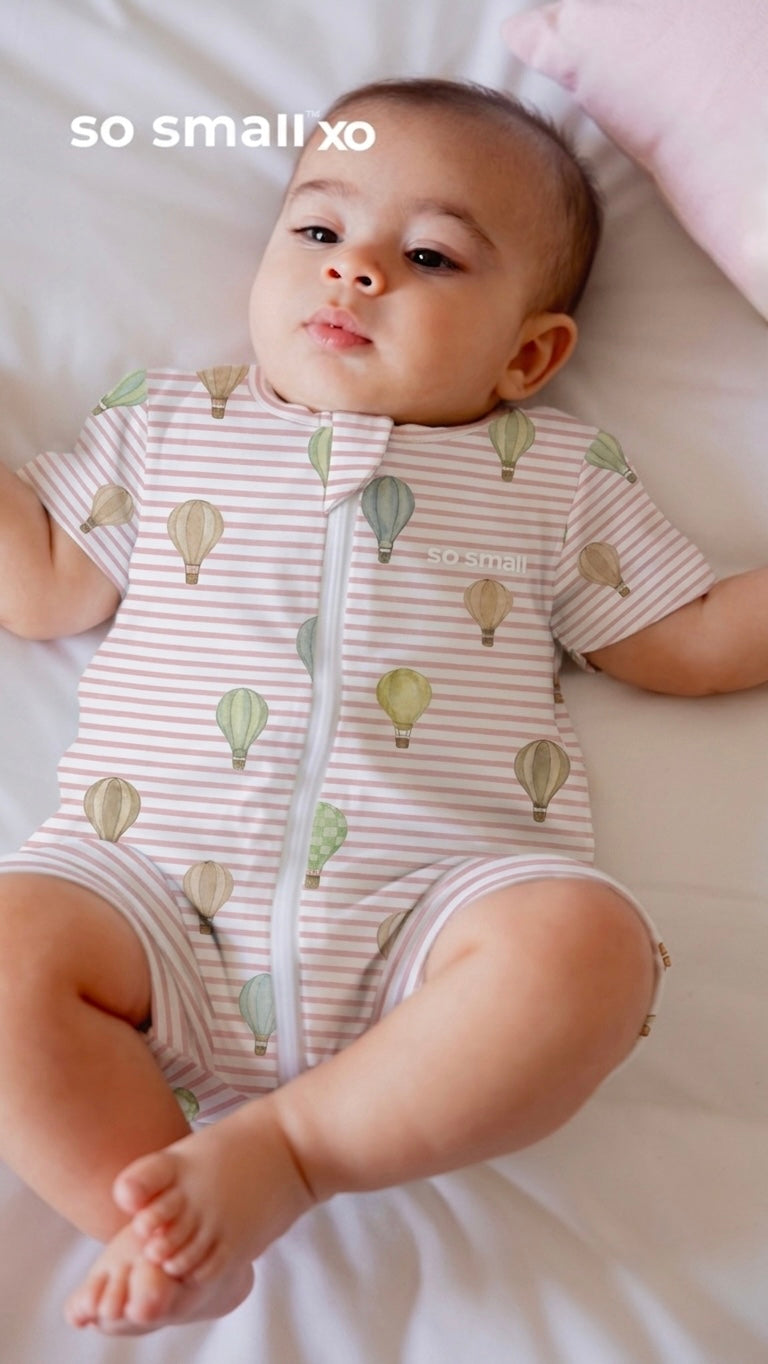 so small xo Half-Sleeved Zipper Romper- Blush Balloon Ride