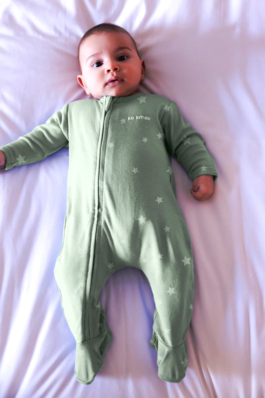 so small Organic Zipper Footie- Basil Starry Greens