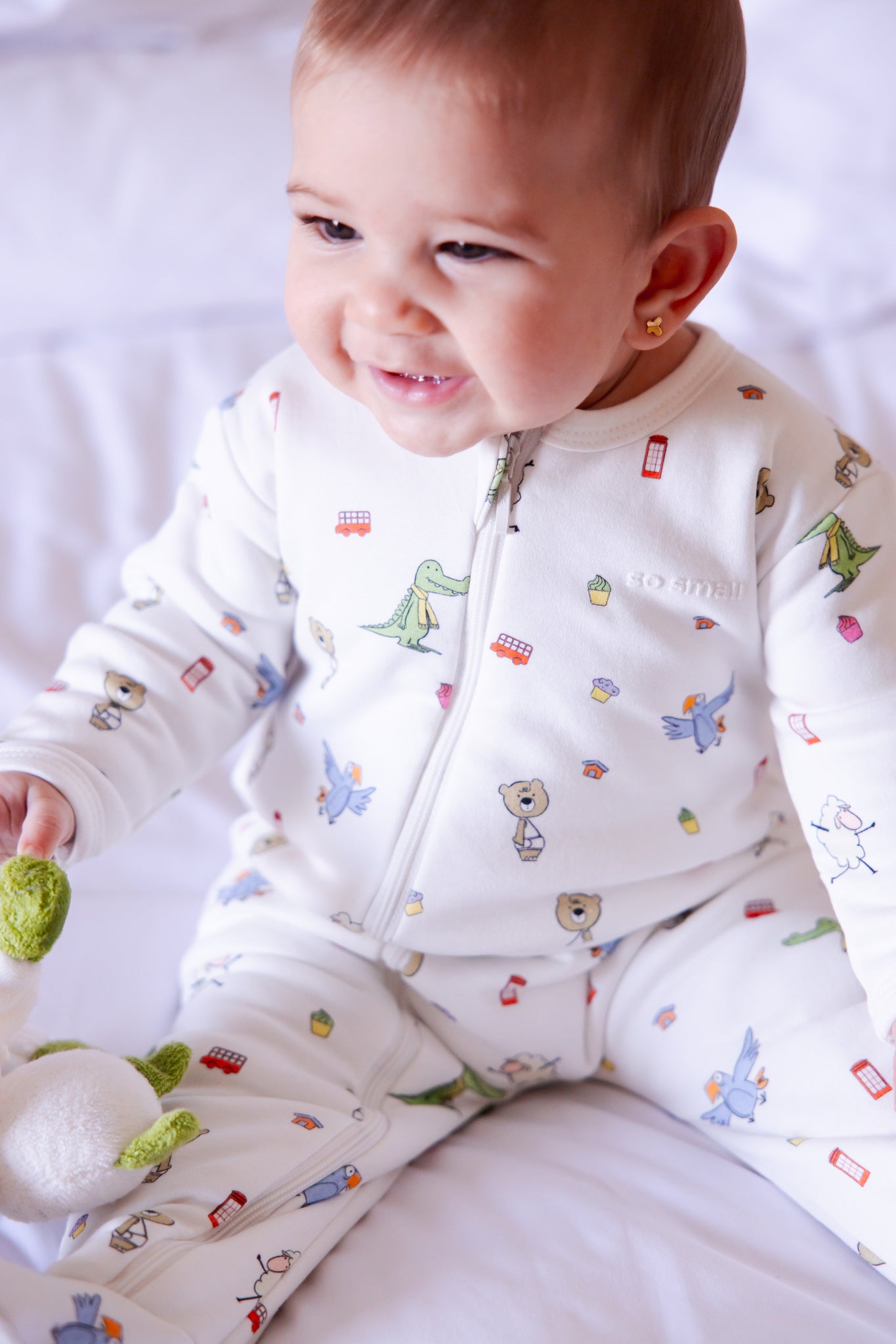 so small Organic Padded Winter Zipper Footie- Playdates & Cupcakes