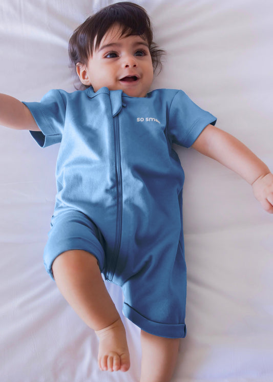 Organic Half-Sleeved Zipper Romper- Coral Blue