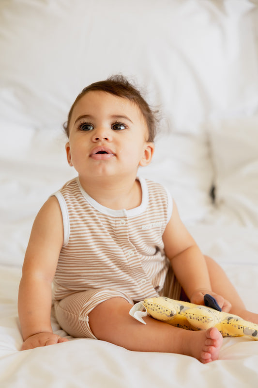 so small Organic Striped Sleeveless Romper- Cookies & Cream