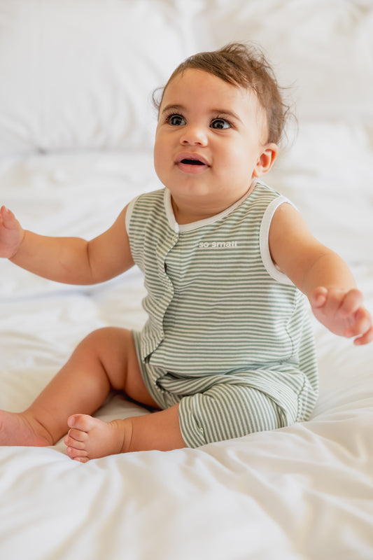 so small Organic Striped Romper- Pistachio Green