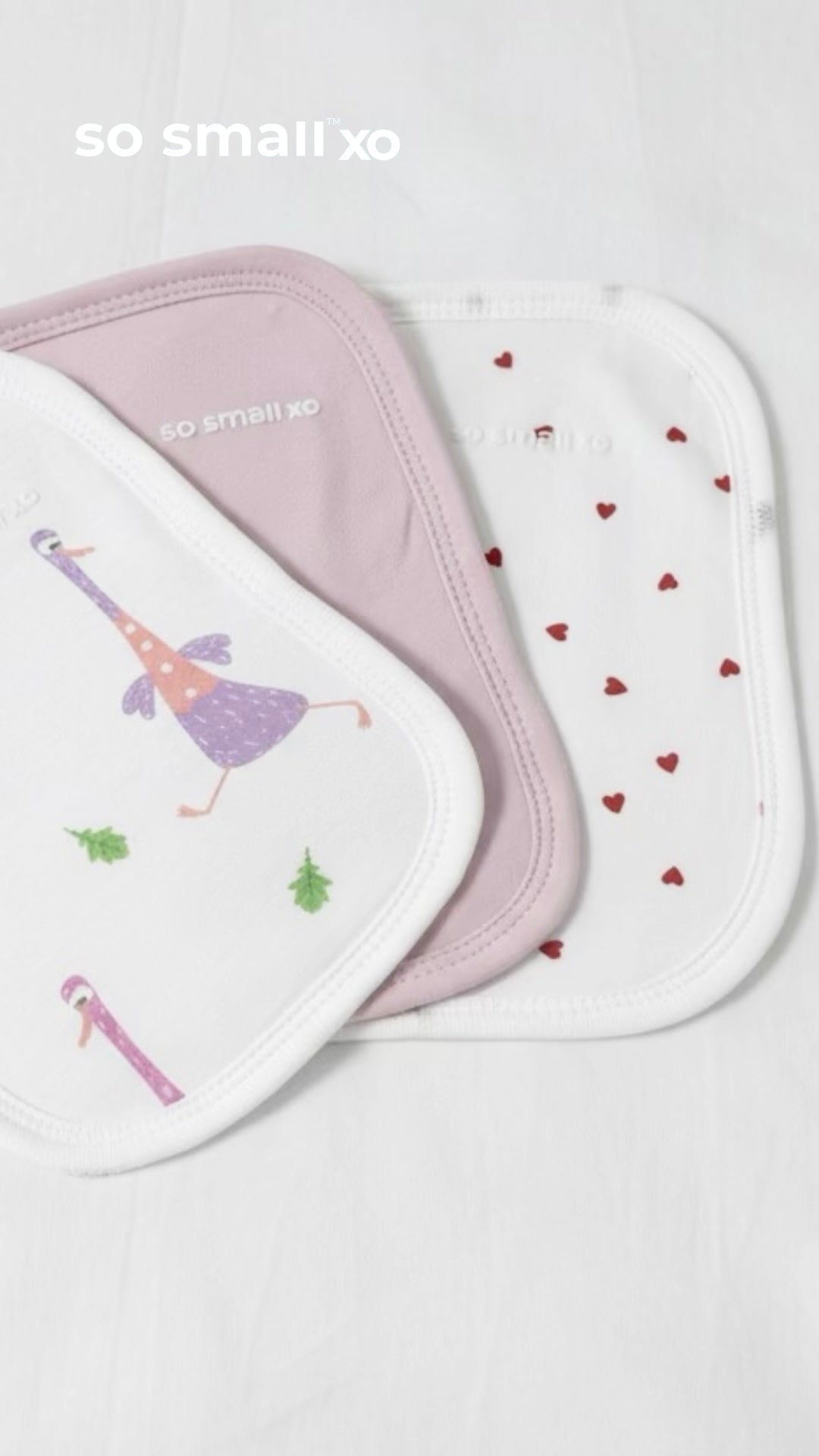 so small xo 3-Piece Terry-Lined Burp Cloth Pack- Bon Bon, Tiny Hearts, Goose Gone Loose