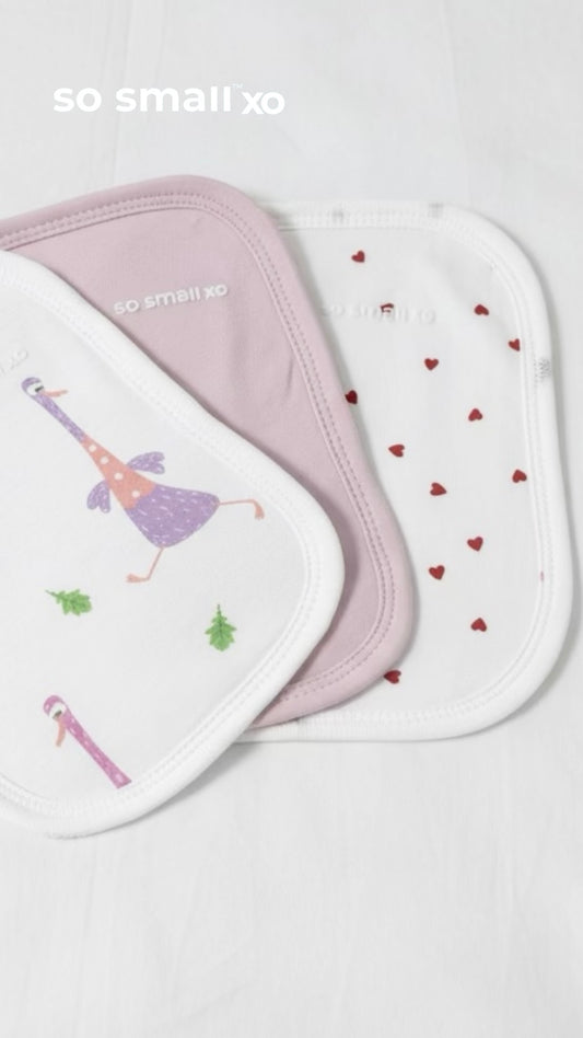 so small xo 3-Piece Terry-Lined Burp Cloth Pack- Bon Bon, Tiny Hearts, Goose Gone Loose