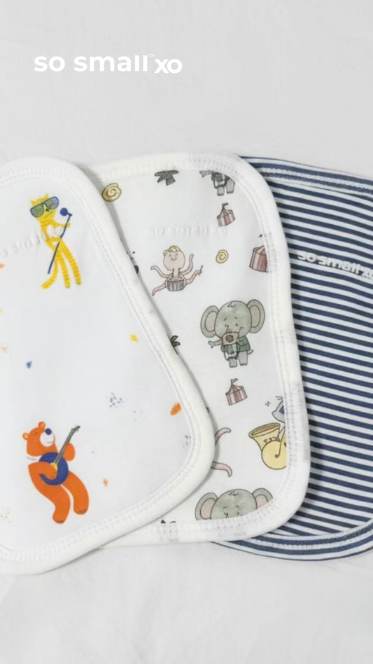 so small xo 3-Piece Terry-Lined Burp Cloth Pack- Hawaiian Surf, Dance with Me, Play. Sway. Re-play