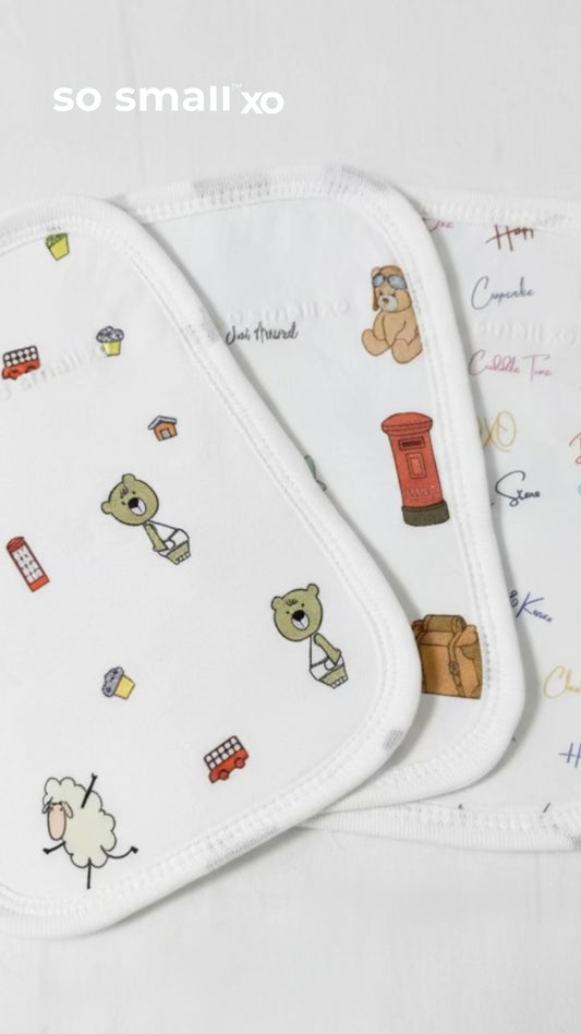 so small xo 3-Piece Terry-Lined Burp Cloth Pack- Mom! You've Got Mail, Playdates & Cupcakes, Mom's Words,
