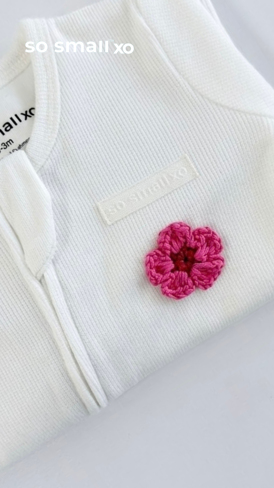 so small xo Winter Limited Edition Cotton Cashmere-Like Zipper Footie- Handmade Crochet Pink Bloom Flower