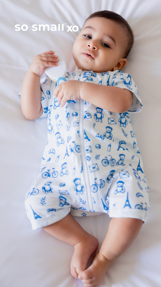 so small xo Half-Sleeved Zipper Romper- Petit Paris Bleu