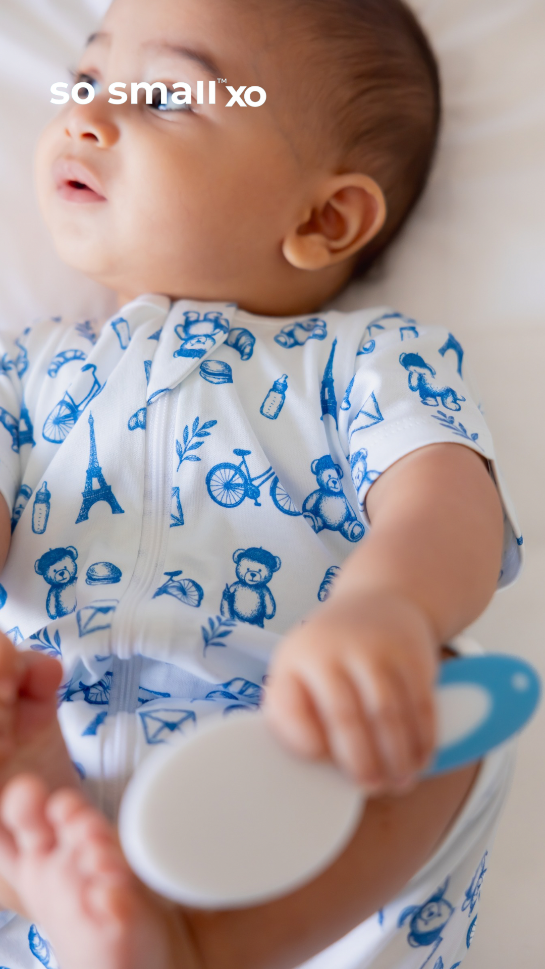 رومبر بنصف كم و سوستة من القطن المصري الفاخر- تصميم باريس الصغيرة أزرق