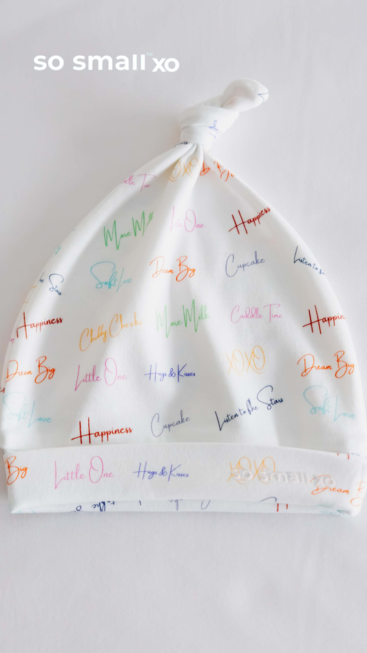 so small xo Knotted Beanie- Mom's Words