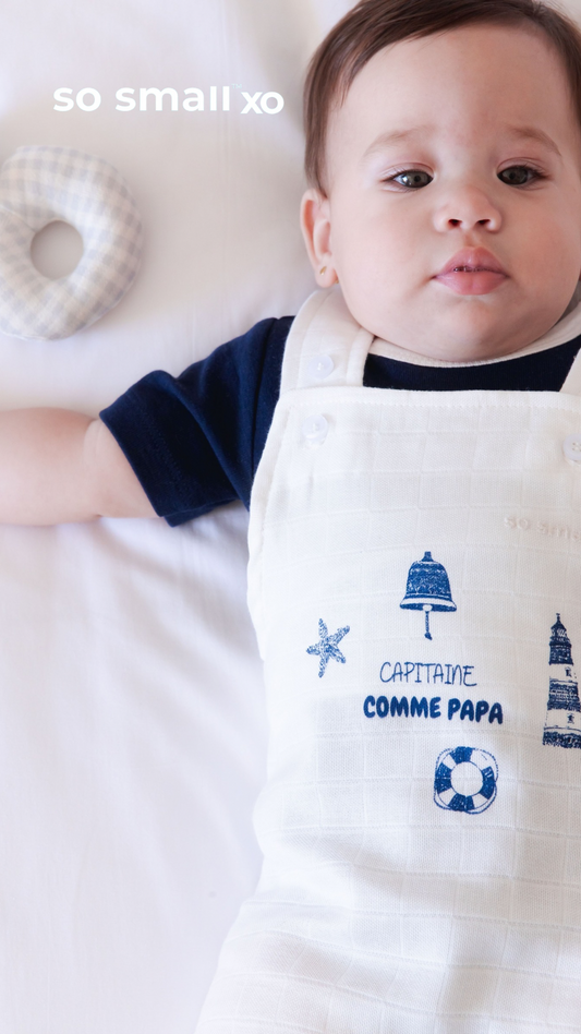 so small xo Two-Piece Set (Magnetic Blue Bodysuit+ Capitaine Comme Papa White Muslin Jumpsuit)