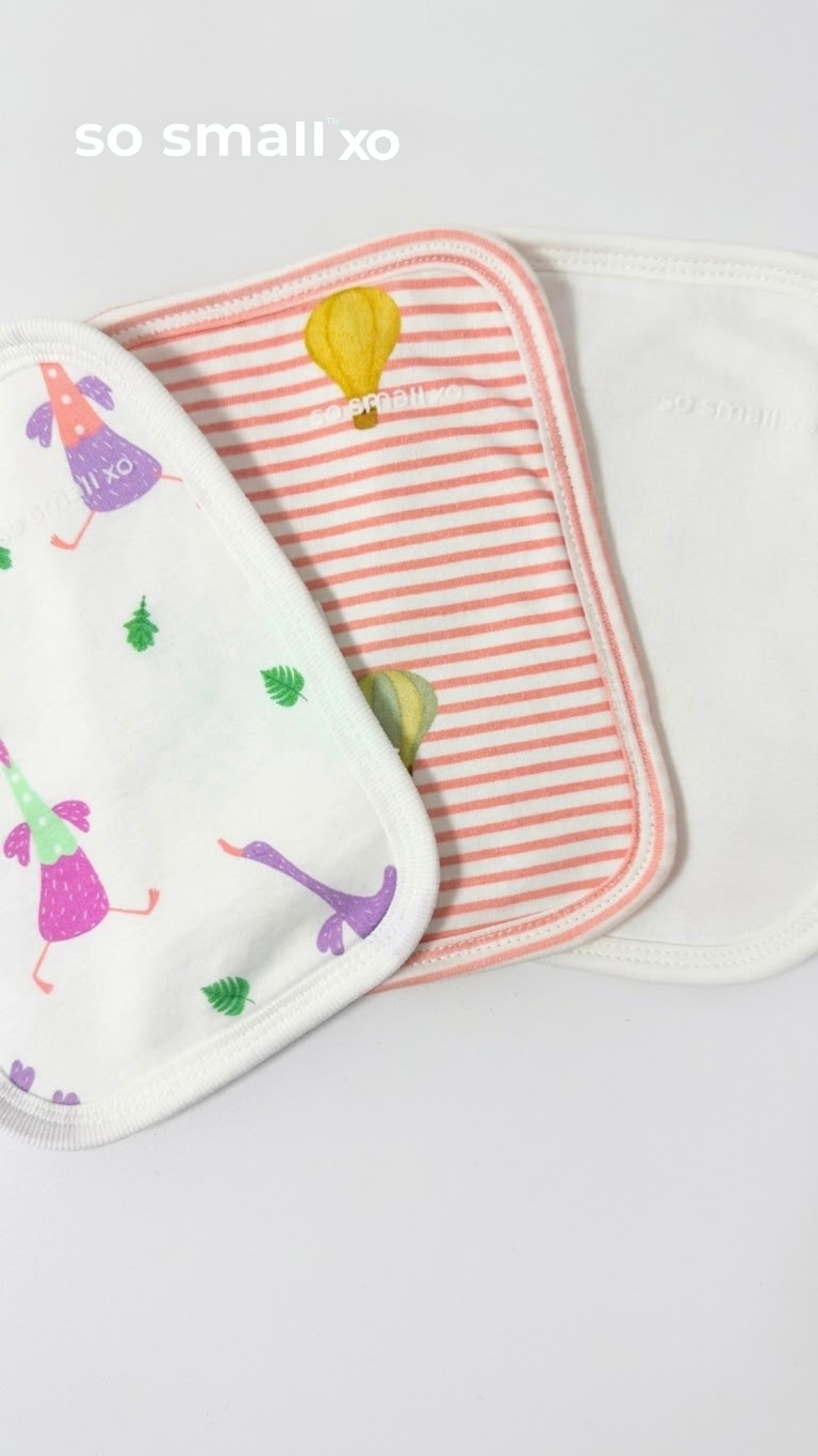 so small xo 3-Piece Terry-Lined Burp Cloth Pack- Off White, Blush Balloon Ride, Goose Gone Loose