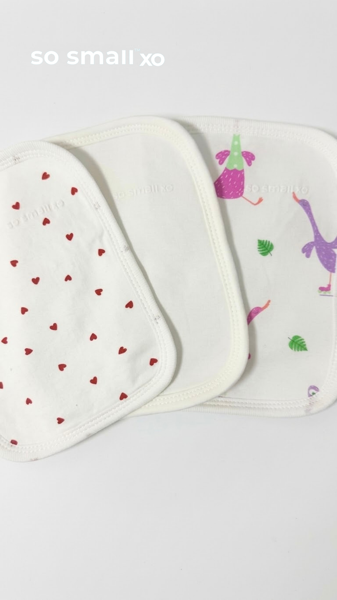 so small xo 3-Piece Terry-Lined Burp Cloth Pack- Off White, Tiny Hearts, Goose Gone Loose