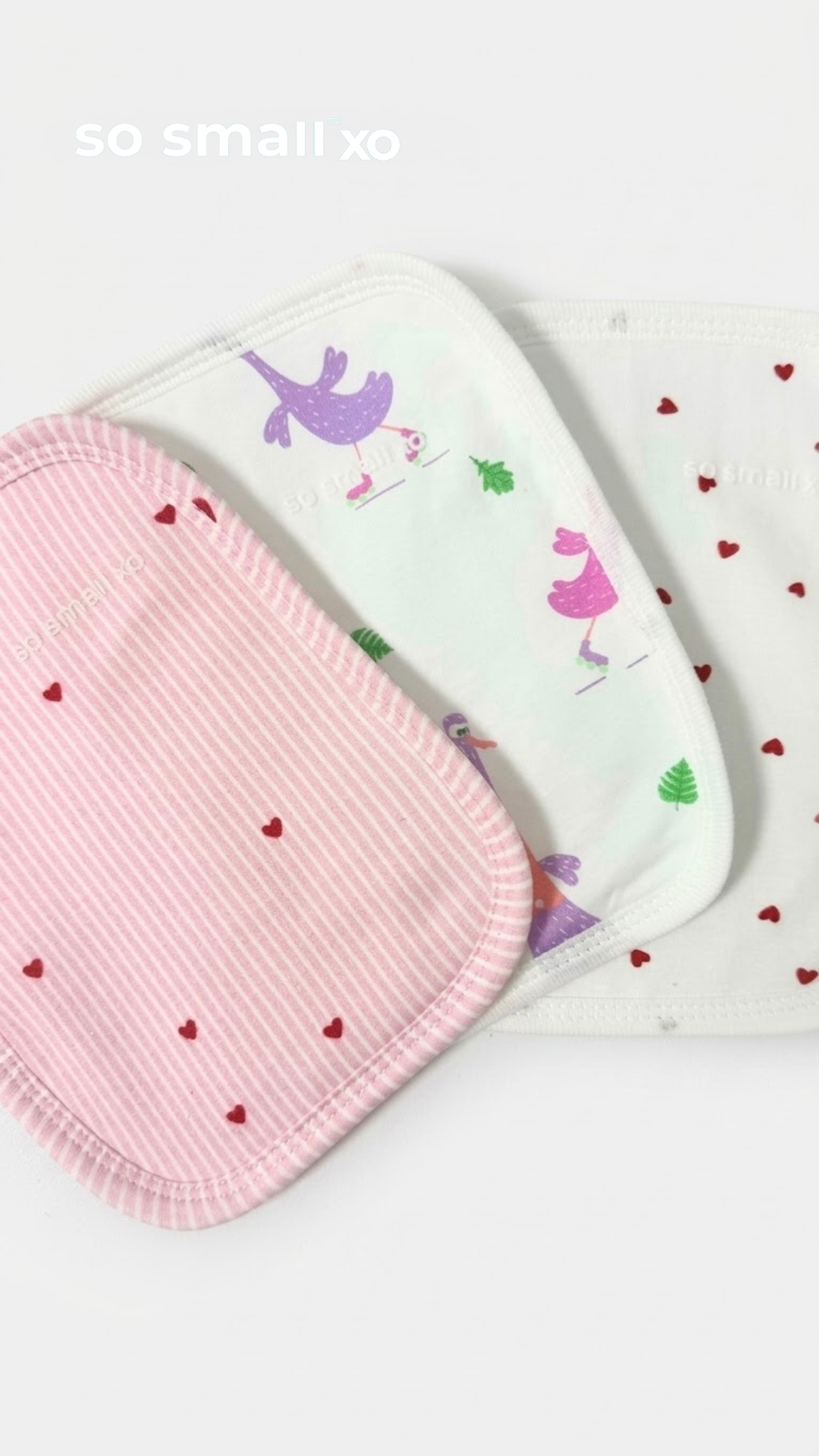 so small xo 3-Piece Terry-Lined Burp Cloth Pack- Strawberry Mille-Feuille, Tiny Hearts, Goose Gone Loose