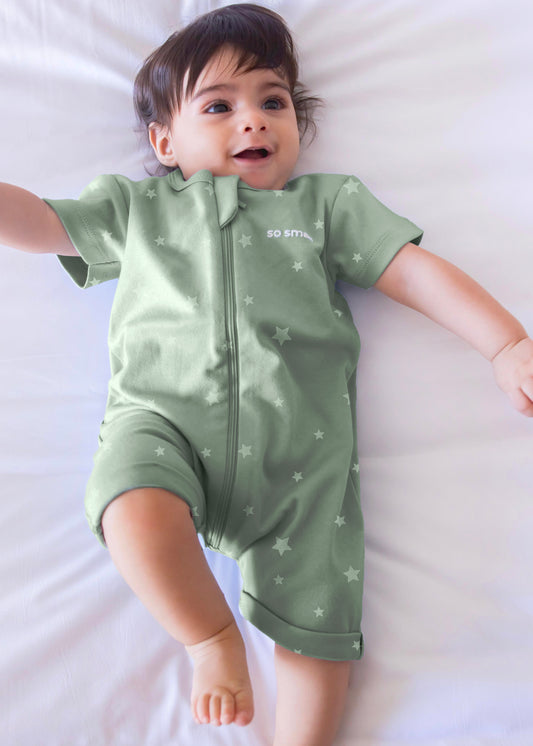 Organic Half-Sleeved Zipper Romper- Basil Starry Green