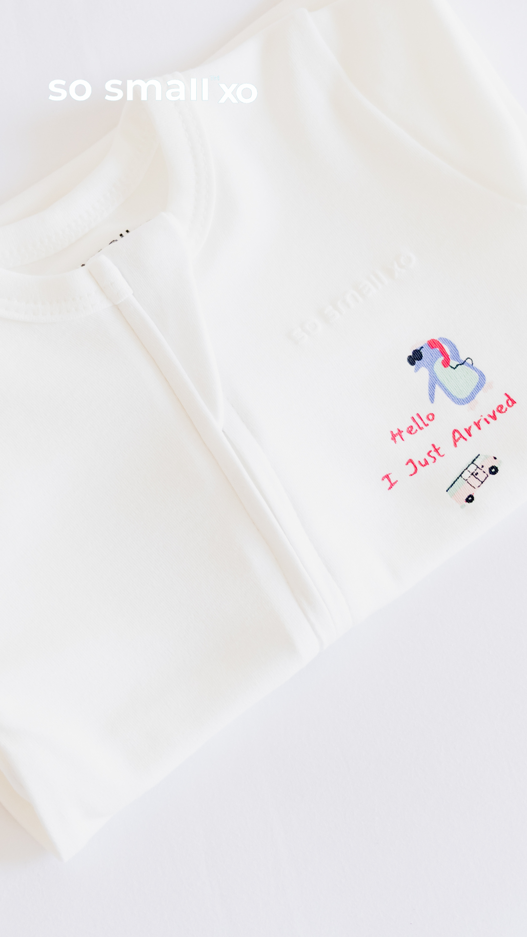 so small xo Zipper Footie- Hello I Just Arrived