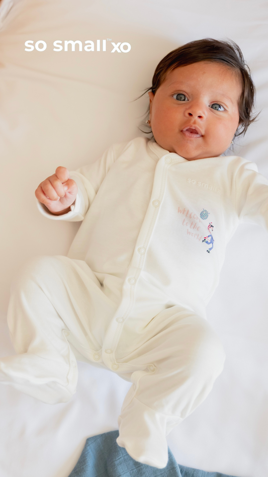 so small xo Middle Snap Footie- Welcome to the World