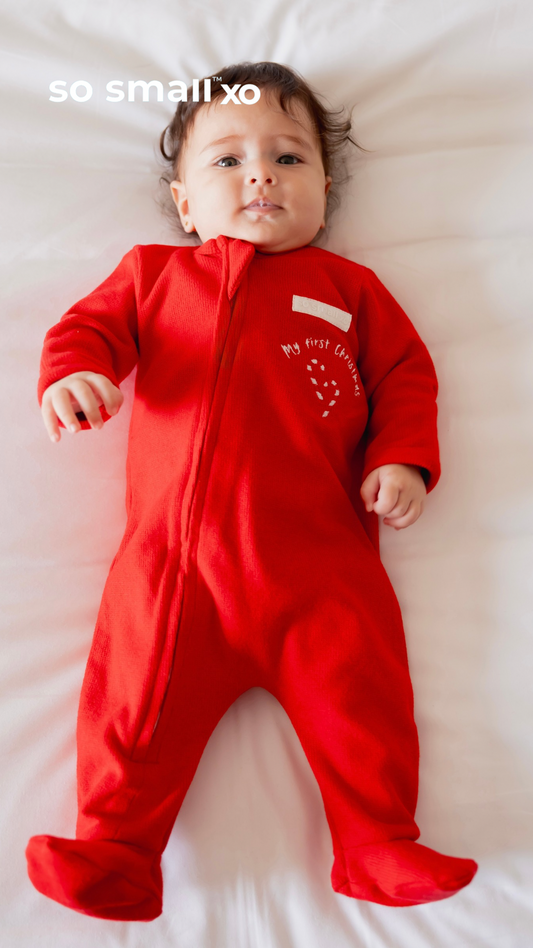 so small xo Winter Limited Edition Cotton Cashmere-Like Zipper Footie- Strawberry Jello (My First Christmas)