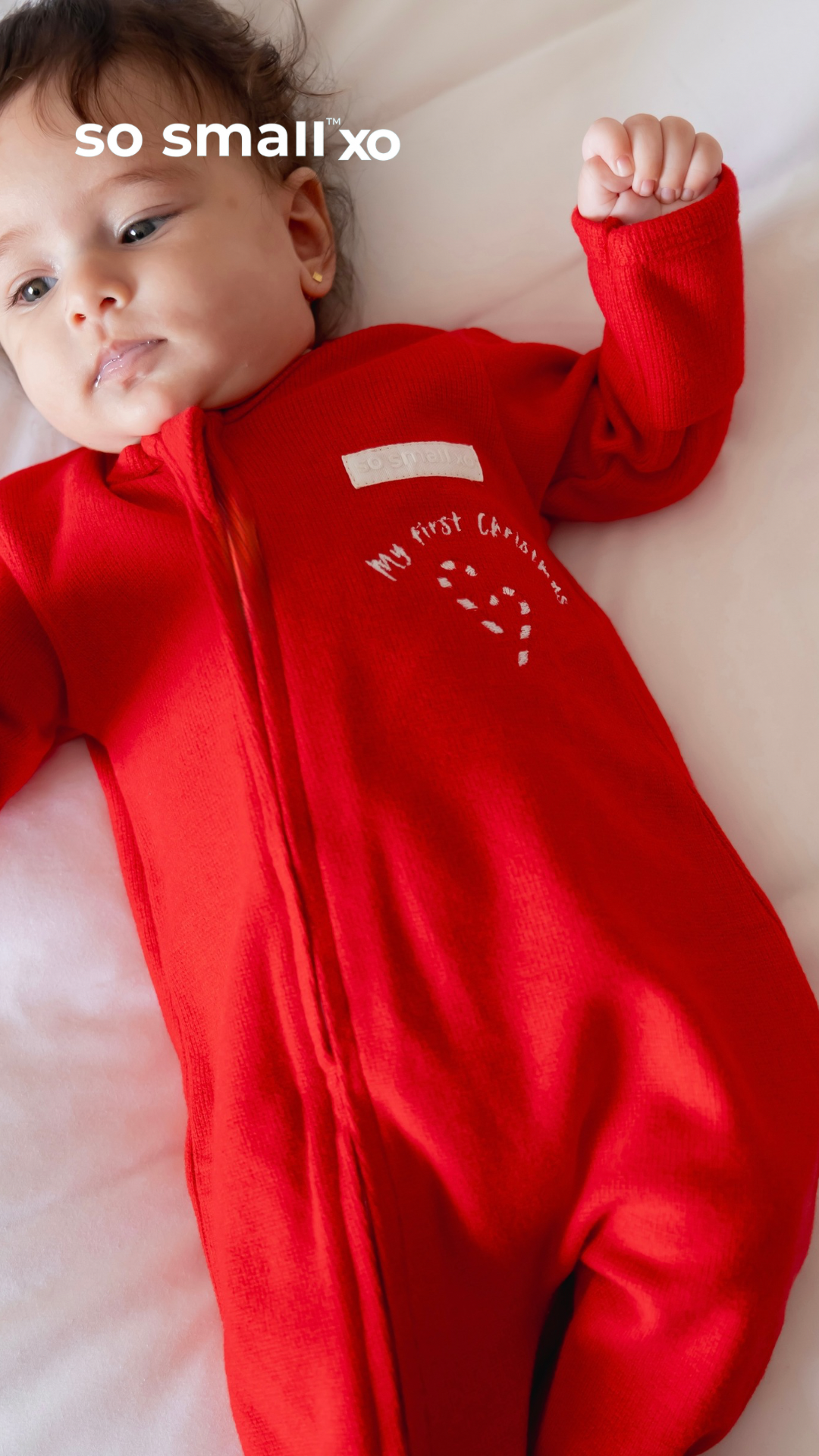 so small xo Winter Limited Edition Cotton Cashmere-Like Zipper Footie- Strawberry Jello (My First Christmas)