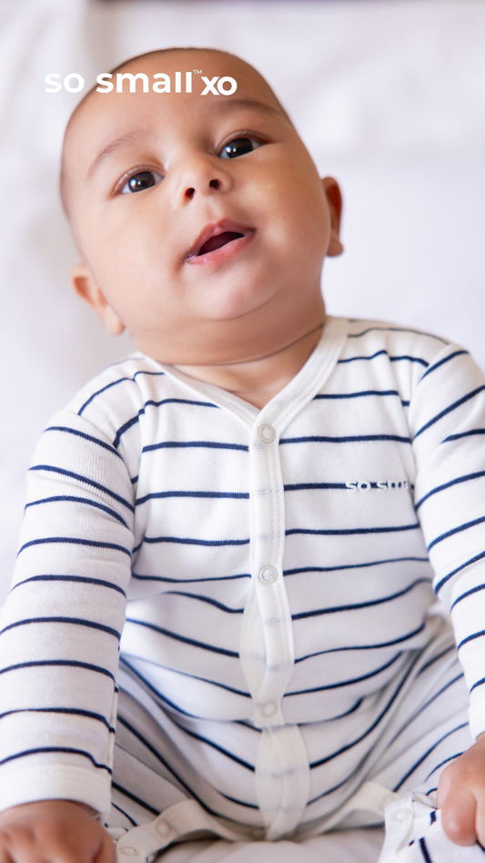so small xo Striped Middle Snap Footie- Deep Sea