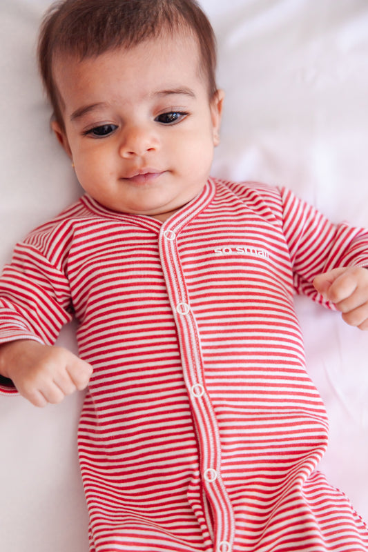 Organic Striped Middle Snap Footie-Red Melon